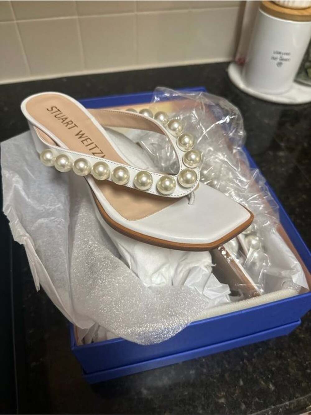 Stuart Weitzman Cream Sandals with Pearl Accents